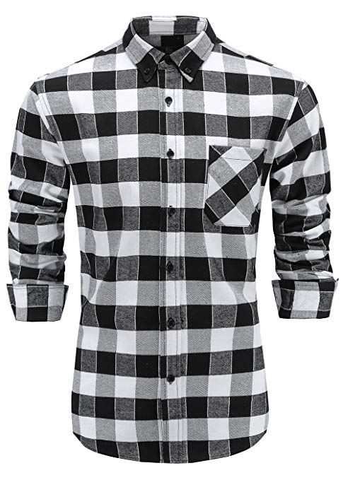 Emiqude Men's Flannel 100% Cotton Slim Fit Long Sleeve Button-Down Plaid Dress Shirt