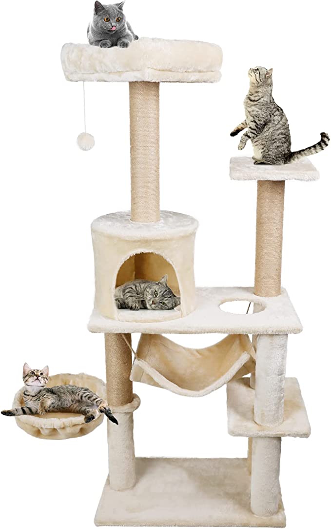 Solution4Patio Multi-Level Faux Fur Cat Tree 56 in. with Luxury Condo, Removable Hammock, Natural Sisal Scratch Post, Bolstered Top Perch for Kittens, Cats, and Pets, Cat Tower #B605A00