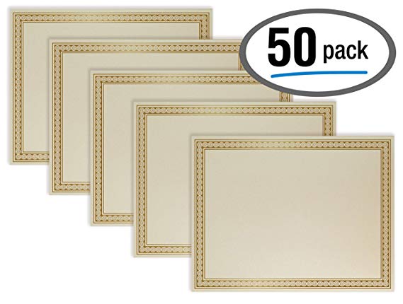 50 Sheet Award Certificate Paper, Gold Foil Metallic Border, Ivory Letter Size Blank Paper, by Better Office Products, Diploma Certificate Paper, Laser and Inkjet Printer Friendly, 8.5 x 11 Inches