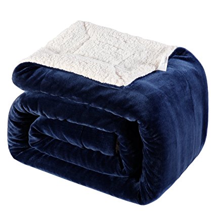 BLC Sherpa Blanket Reversible Fuzzy Fluffy Soft Warm Throw Plush Blanket 310GSM Flannel Top Bed and Couch Blanket(Navy, Queen)