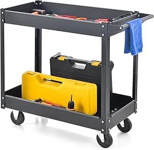 Goplus 2-Tier Utility Cart, Heavy Duty Commercial Service Tool Cart w/Handle, 550 lbs Max Support, Rolling Mechanic Metal Tool Cart Storage Organizer for Home, Garage, Warehouse