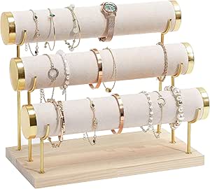 ProCase Bracelet Holder Display Bracelet Organizer Stand, Gold Detachable Bangle Storage Rack for Selling, Velvet Wrap Watch Holder with Wooden Base for Women Girls, Business Supplies - 3 Tier, Beige