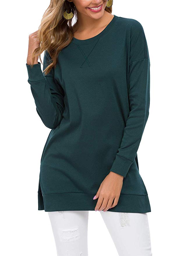 levaca Women's Fall Long Sleeve Side Split Loose Casual Pullover Tunic Tops
