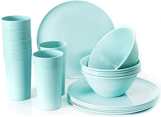 Youngever 18-Piece Plastic Kitchen Dinnerware Set, Plates, Dishes, Bowls, Cups, Service for 6 (Mint Color)