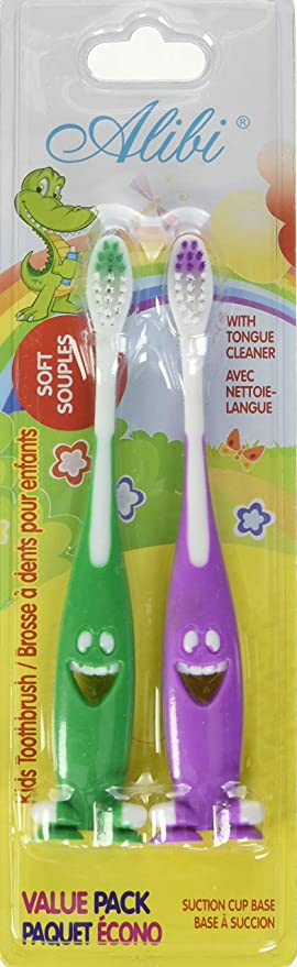 Alibi Kids Toothbrush Pack - Extra Soft Bristles Toothbrush - With Tongue Cleaner & Suction Cup - 2 Toothbrushes - Value Pack | Alibi Brosse A Dent Pour Enfants Paquet Econo