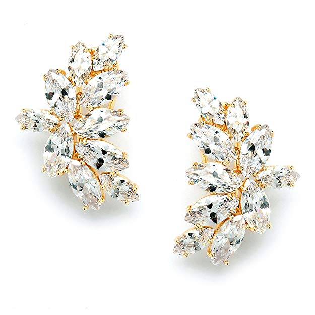 Mariell Shimmery Marquis Cluster Cubic Zirconia Bridal or Special Occasion Earrings - 14K Gold Plated