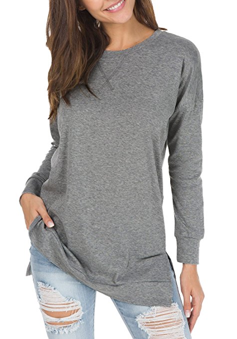 levaca Women's Fall Long Sleeve Side Split Loose Casual Pullover Tunic Tops