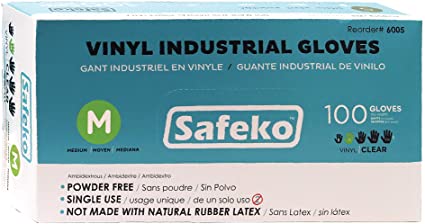 Safeko Vinyl Powder Free, Disposable Gloves - Latex Free, Medium, Box of 100 Gloves , Clear