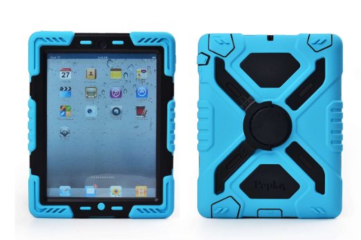Pepkoo Ipad Mini 1& 2 Case Plastic Kid Proof Extreme Duty Dual Protective Back Cover with Kickstand and Sticker for Ipad Mini 1&2 - Rainproof Sandproof Dust-proof Shockproof (Blue/black)