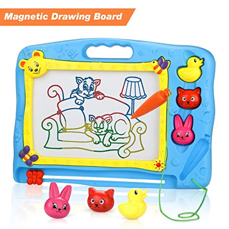 Lenbest Magnetic Drawing Board, Colorful Erasable Doodle Scribble Boards with Three Animal Stampers Educational Toys to Draw for Kids - Blue