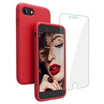 JASBON iPhone 8 Case, iPhone 7 Case, Liquide Silicone Phone Case with Free Tempered Screen Gel Rubber Soft Touch Cover Full Protective Case for iPhone 8 iPhone 7-Red