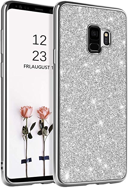 BENTOBEN Phone Case for Samsung Galaxy S9 Slim Thin Luxury Glitter Sparkle Bling Pretty Protective Drop Proof Phone Cases Shiny Girly Phone Cover with Lanyard for Girls Women - Silver