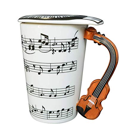 Giftgarden 13.5 oz Ceramic Coffee Mug with Lid Violin Music Notes Style Water Milk Tea Drink Porcelain Cup