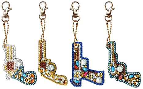 5D DIY Diamond Painting Keychain, 4 pcs Mosaic Making Full Drill Special Shape Diamond Painting Kit Diamonds by Number Keyrings for Bags, Phone Charm,Great for Kids Beginner (A)