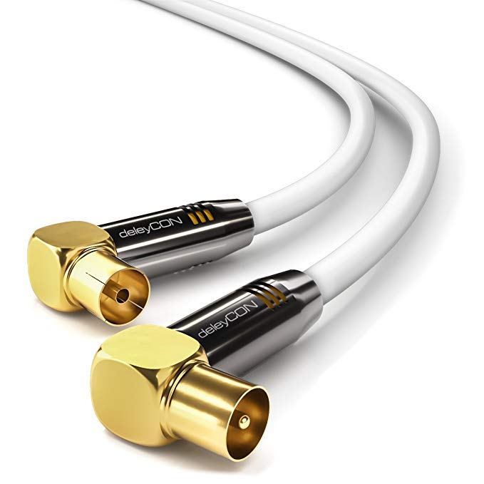 deleyCON TV Antenna Cable 1m (3.29 ft.) Coaxial Cable / Gold-plated connector / 2x 90° angle / Metal Connector / UltraHD FullHD HDTV 100dB - White