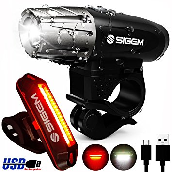 SIGEM Bike Light Set, Ultra Bright, USB Rechargeable, Premium LED Front Headlight and Rear Taillight. Both Bicycle Head & Tail Lights are Waterproof, Easy to install.
