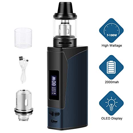 E Cigarette Starter Kit, YumaPuff Armor 100w, E Cigs, Rechargeable 2000mah Battery, Huge Vape Kit with Display Screen, No E Liquid, No Nicotine (Blue)