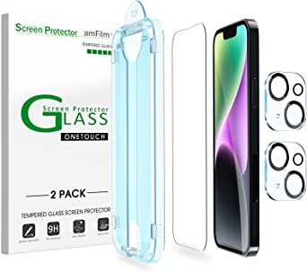 [2 2 Pack] amFilm OneTouch Compatible with iPhone 14 Plus (6.7" 2022) Tempered Glass Screen Protector and Camera Lens Protector, Edge to Edge Full Coverage with Easy Installation Kit