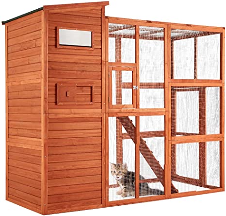 Esright Large Cat House with Run, Outdoor Enclosure Cat Cage, Catio Playpen for Lounging, Wooden House