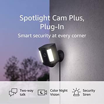 Ring Spotlight Cam Plus, Plug-in | Two-Way Talk, Color Night Vision, and Security Siren (2022 release) - Black