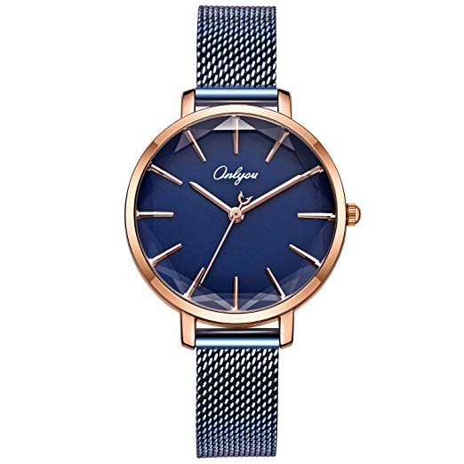 ONLYOU Women's Fashion Watches,Unique Face Design and 30M Waterproof,Analog Quartz Wristwatches with Stainless Steel Mesh Band