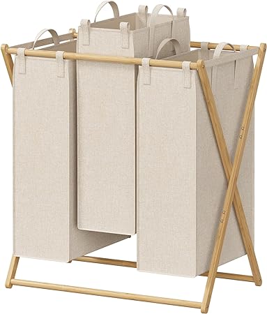 Lifewit 150L Collapsible Laundry Basket 3 Section, Large Bamboo X-Frame Laundry Hamper Sorter, Foldable Dirty Clothes Hamper Storage with 3 Removable Bags for Bedroom, Laundry Room, Bathroom, Gray