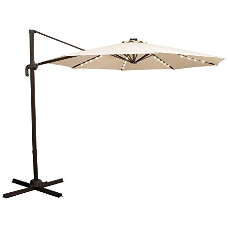 TAGI 10 feet Square Outdoor Umbrella with 40 Solar LED Lights, Cantilever Pole with Crank Lift, 8 Iron Ribs, rotatable, Beige