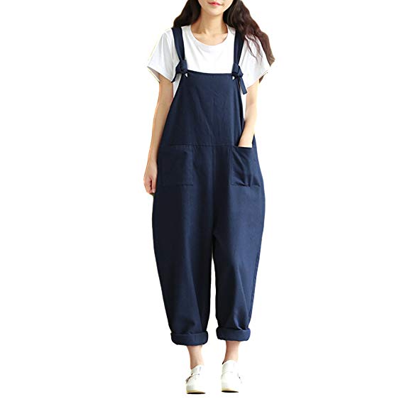 Helisopus Women's Plus Size Linen Overalls Baggy Adjustable Strap Sleeveless Jumpsuits Casual Loose Wide Leg Dungarees Rompers