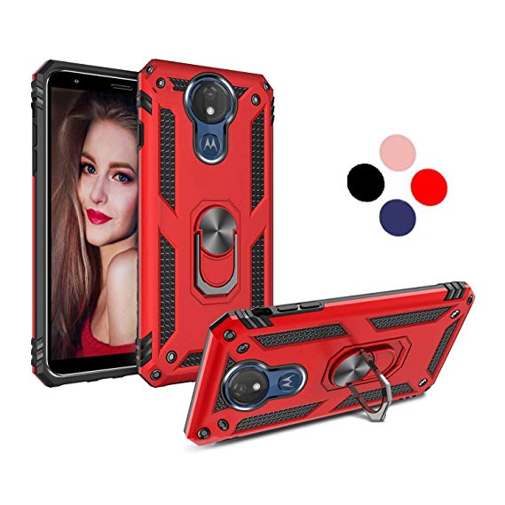 Motorola Moto G7 Power Case, Moto G7 Supra Case, Suordii Dual Layer Soft TPU Hard PC Protective Case with 360 Degree Ring for Magnetic Car Mount - Red