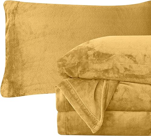 Elegant Comfort Luxuriously Soft 4-Piece Velvet Plush Flannel Sheet Set - Premium Quality - Cozy Warm, Anti-Static, Non Pilling Fuzzy Velvet Flannel Fleece Deep Pocket Sheet Set - Full, Gold