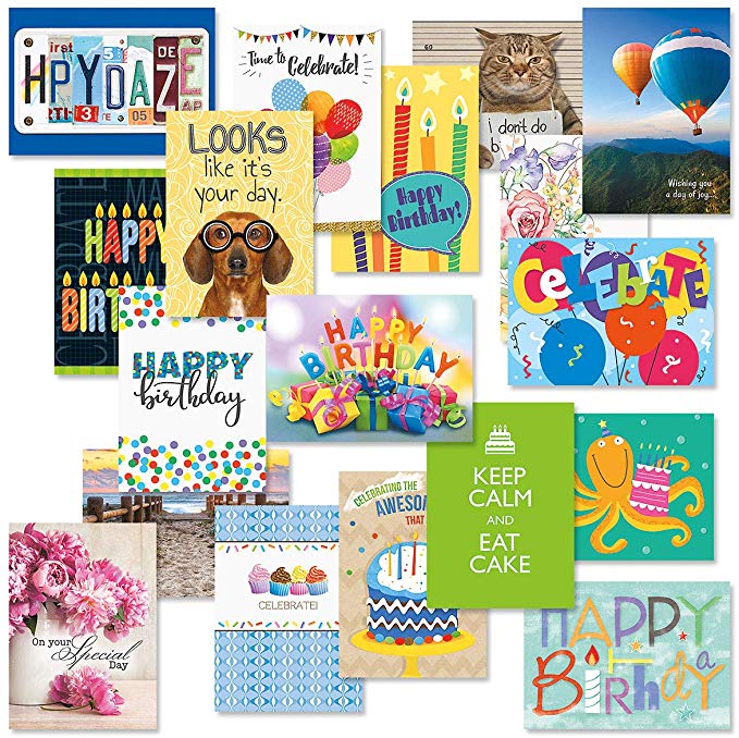 Mega Happy Birthday Greeting Card Value Pack – Set of 36 (18 Designs), Large 5 x 7 inches, Envelopes Included, by Current
