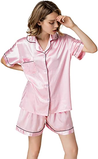 NANJUN Women's Satin Pajamas Sleepwear Long and Short Button-Down Pj Set