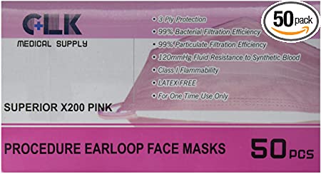 Earloop Procedure Face Masks, PINK, Box of 50, 3 ply, (Light and Soft) (FDA, CE, ASTM Level I, EN14683 Type I) (99% BFE, 99% PFE)(Superior-X200) by CLK