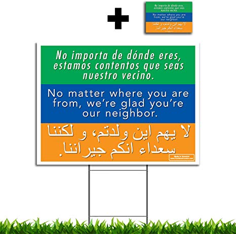 Vibe Ink We’re Glad You’re Our Neighbor Multilingual Large Yard Sign 18x24 - Included 24-inch Yard Stake - Double Sided Print