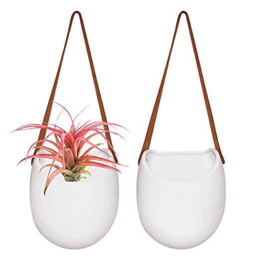 La Jolíe Muse Hanging Planter Baskets Wall Planter - Plant Flower Pots Ceramic 19 x 14.5 CM, Leather Strap Hanging for Balcony Indoor Outdoor