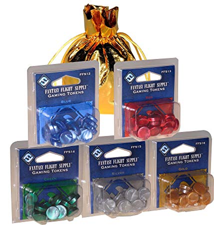 Gaming Tokens _ Marblized Plastic _ Set 20 each in 5 Colors _ Blue, Green, Red, Silver & Gold _ Bonus Gold Drawstring Storage Pouch _ Bundled Items