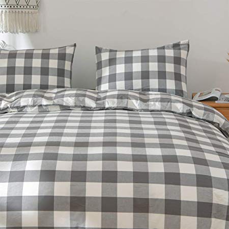 Eforcurtain 100% Cotton Yarn Dyed Buffalo Check Duvet Cover Set Grey and White, Gingham Plaid Bedding Set Queen Size 90x90 inches (1 Duvet Cover + 2 Pillow Shams)