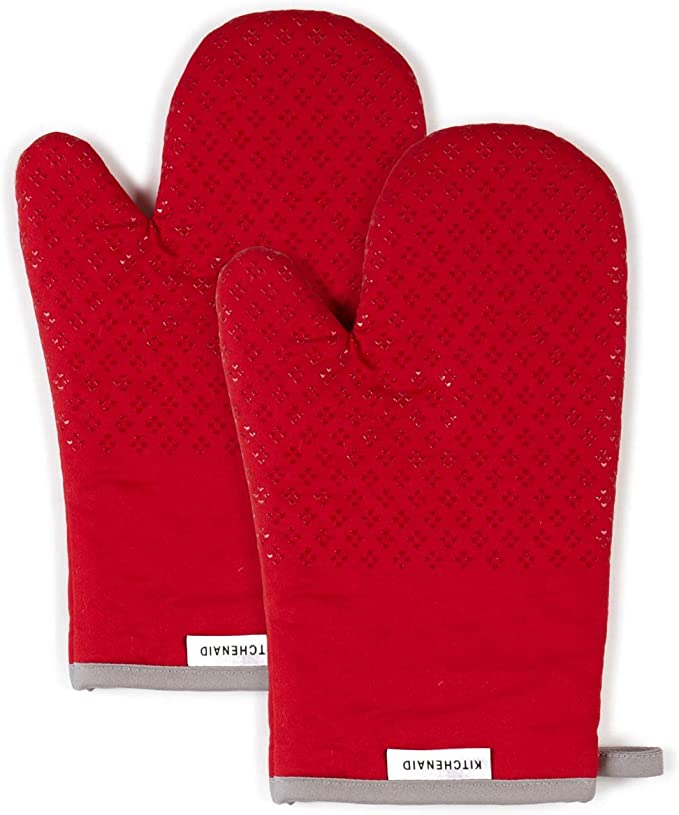 Kitchen Aid Asteroid Cotton Oven Mitts with Silicone Grip, Set of 2, Red