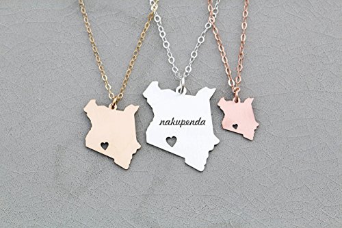 Kenya Necklace - IBD - Africa Country Cutout Adoption Gift Mission Trip Personalize with Name or Coordinates – Ships in 1 Business Day - Sterling Silver - Laser Engraved