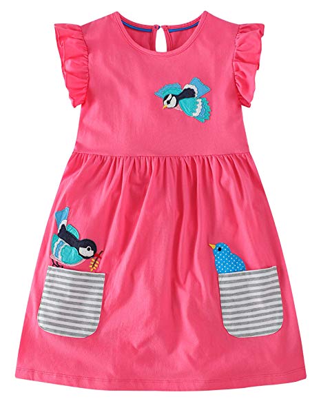 Fiream Girls Summer Casual Dresses Cotton Short Sleeves Flower Dresses