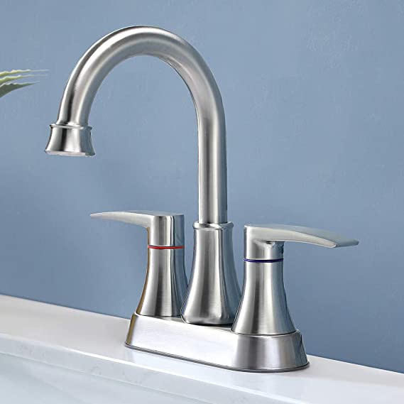 VALISY Brushed Nickel Stainless Steel Two Handles Bathroom Sink Faucet, Pop-up Drain & Water Hoses Included