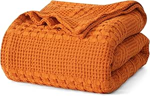 PHF 100% Cotton Waffle Weave Blanket Queen Size, Lightweight Washed Cotton Blanket for Spring & Summer - 90"x90" Aesthetic Soft Woven and Breathable Blanket for Bed Sofa Home Decor - Marmalade