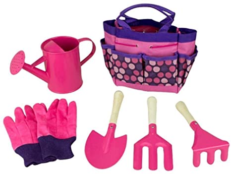 BABOOM BABOOM Kids Gardening Sets Includes Child Friendly Garden Kit for Kids - Rake, Tote Bag, Watering Can, Shovel and Trowel - Pink Kids Garden Tools or Blue Kids Gardening Set
