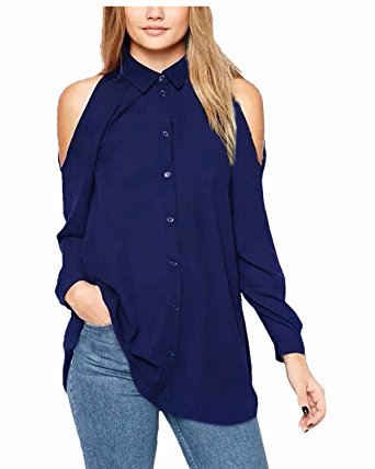 ZANZEA Women Chiffon Sheer Off Shoulder Long Sleeve Button Down Shirts Blouse