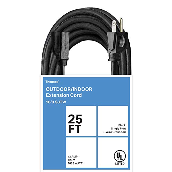 Thonapa 25 Ft Black Extension Cord - 16/3 Electrical Cable with 3 Prong Grounded Plug for Safety