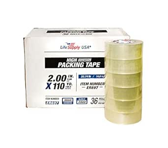 LifeSupplyUSA 36 Rolls Heavy Duty Packing Tape 2" x 110 Yards 3.1 mil - Transparent - Bubble Free, Adhesive, for Shipping/Moving/Storage/Box Carton Packaging Seal (1 Pack)