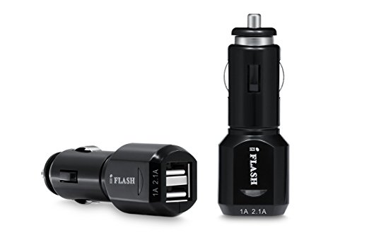 iFlash Dual USB Port Car Charger. Support all iPad, iPod, iPhone Models (Black Color, Retail Package)