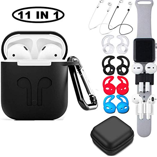 Airpods Case, 11 in 1 Airpods Accessories Kit, Protective Silicone Cover and Skin compatible Apple Airpods with Anti-lost Airpods Strap,Airpods Ear Hook/Watch band Holder/Keychain/Headset Box/ (Black)