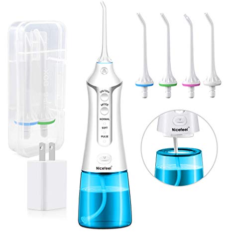 Cordless Water Flosser Teeth Cleaner, Nicefeel Professional Dental Oral Irrigator Portable and Rechargeable 300ML Cleanable Water Tank IPX7 Waterproof 3 Modes Water Flossing for Home and Travel, Brace