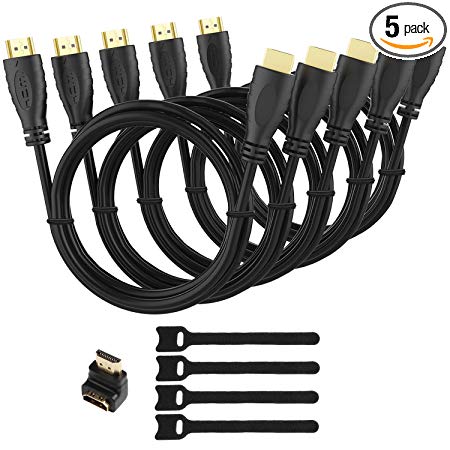 HUANUO HN-HC06-5-4K 5 Pack Cables-6ft-High Speed HDMI 2.0 Cord with 90 Degree Adapter, Wire Ties for TV PC Playstation Xbox Support Ethernet 3D, 1080P, 4K, ARC, Black